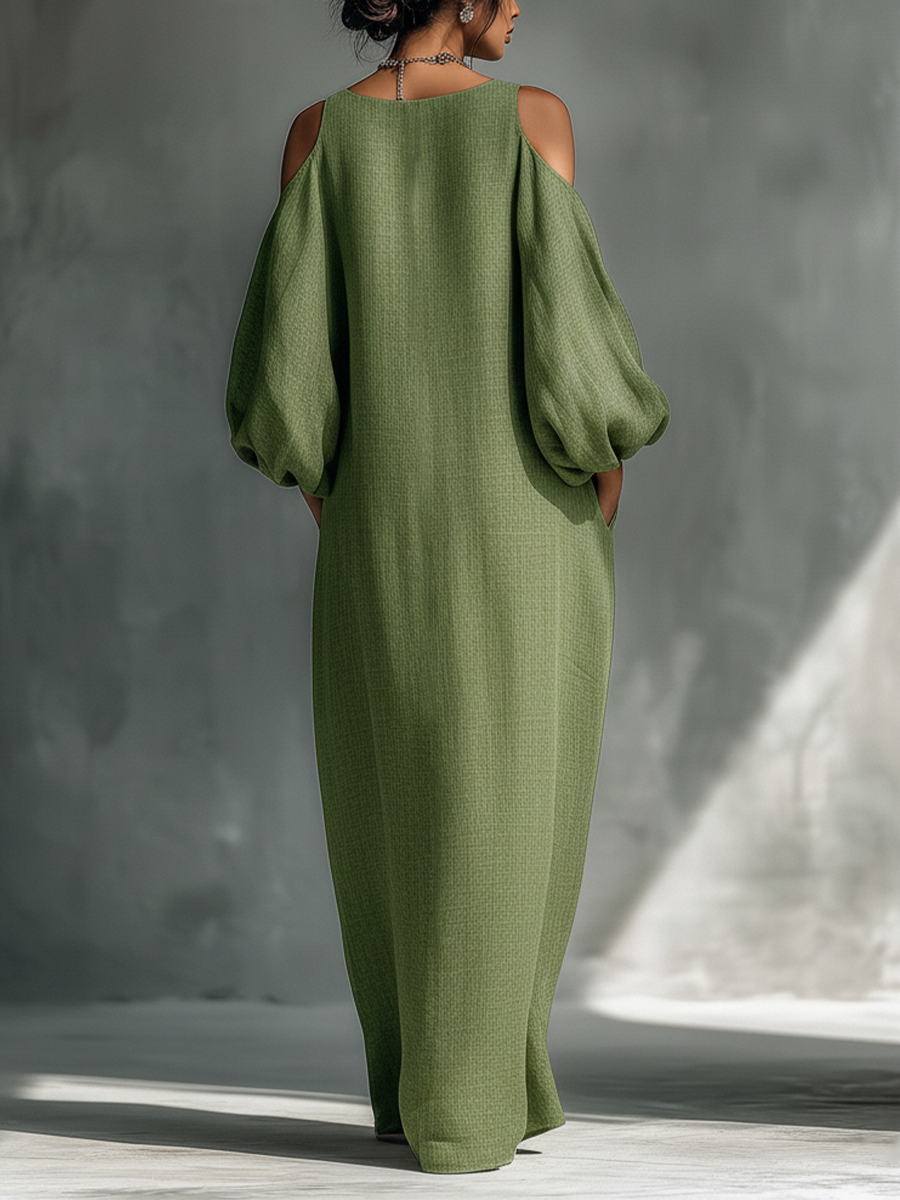 Veronica | Vestido largo verde claro para mujer con hombros descubiertos, mangas abullonadas oversize y bolsillos laterales