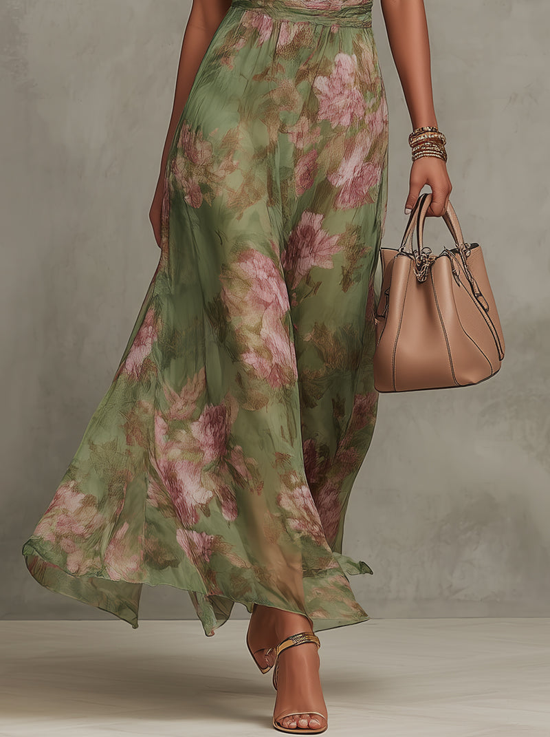 Serena | Vestido largo verde floral en chiffon con escote halter