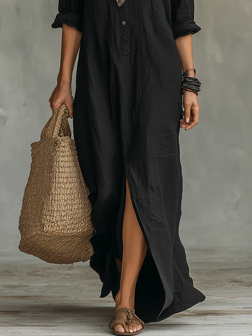 Soline™ | Vestido largo oversize negro con botones
