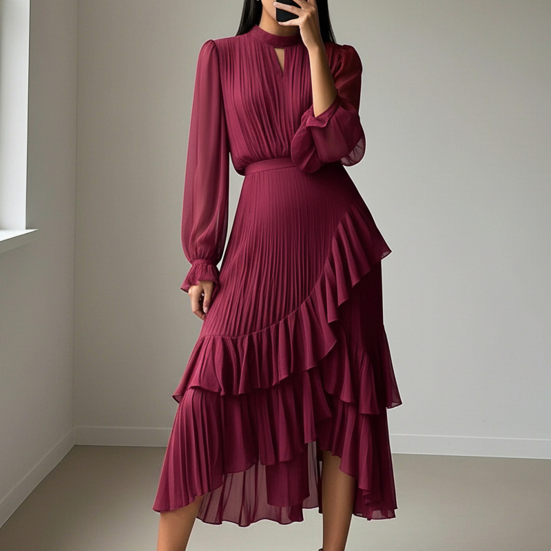 Vestido midi plisado elegante con volantes