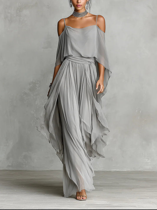 Isabella | Conjunto elegante de hombros descubiertos y pantalones de chiffon gris