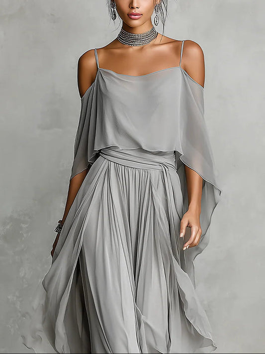 Isabella | Conjunto elegante de hombros descubiertos y pantalones de chiffon gris