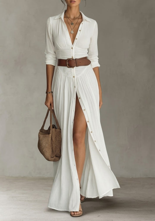 Vestido maxi - largo para mujer con cuello de solapa y mangas largas de lino