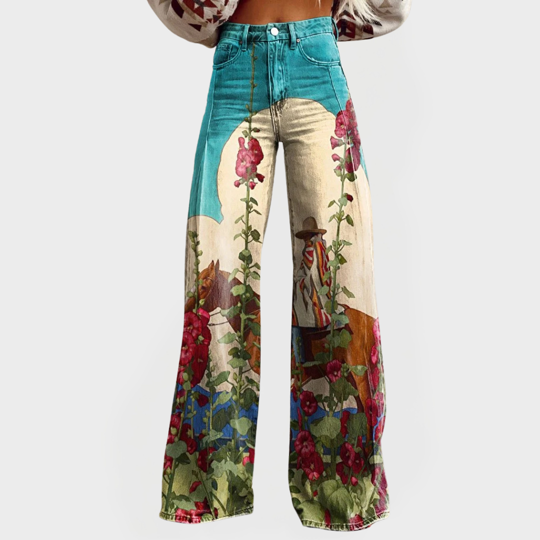 Vaqueros de moda con diseño floral y corte ancho