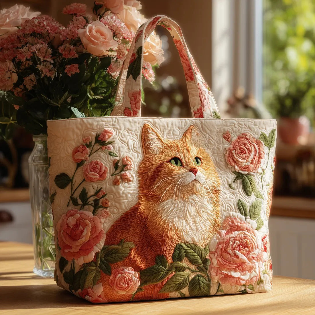 Bolso Artesanal Gato Rojo con Rosas