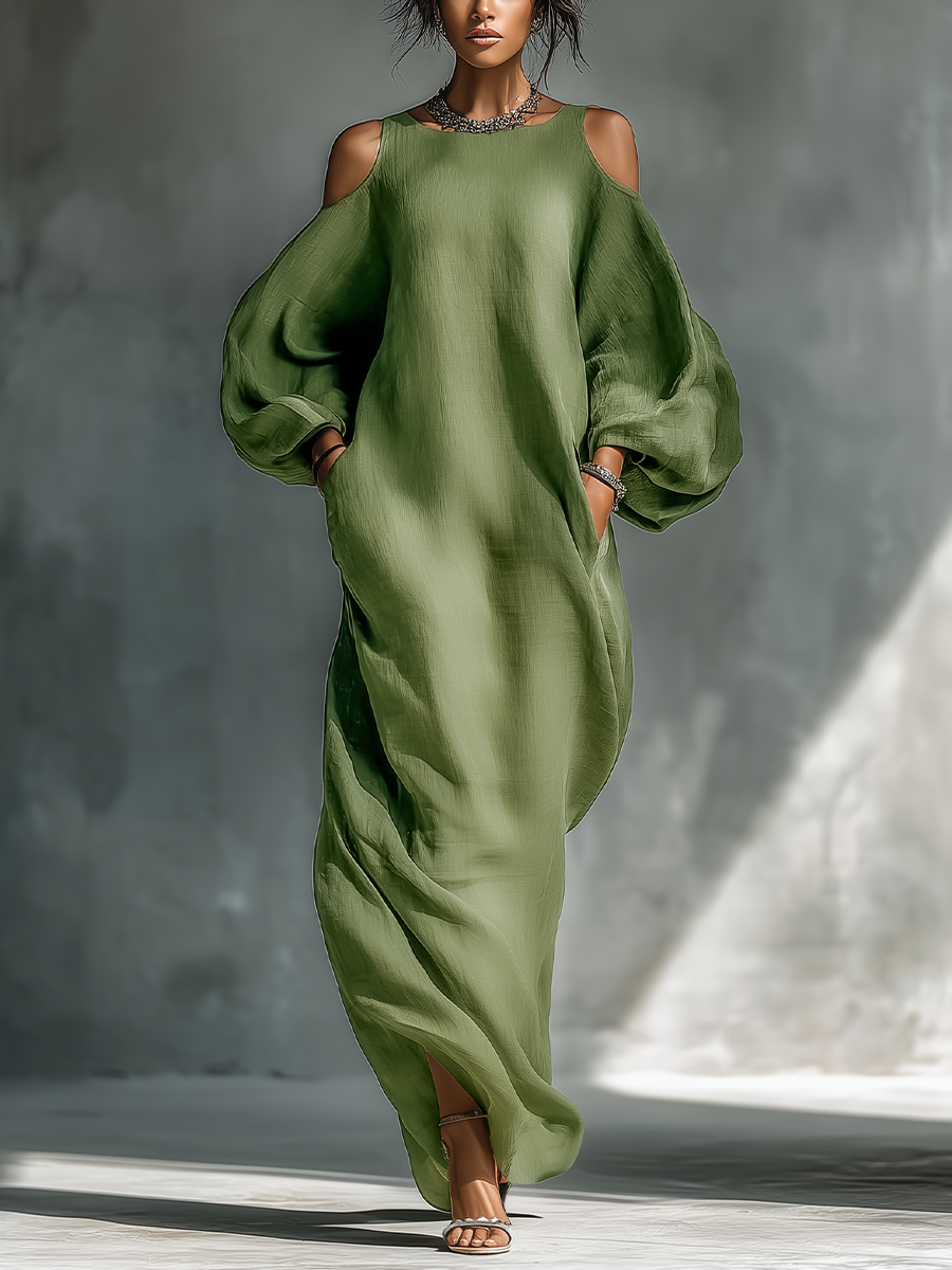 Veronica | Vestido largo verde claro para mujer con hombros descubiertos, mangas abullonadas oversize y bolsillos laterales