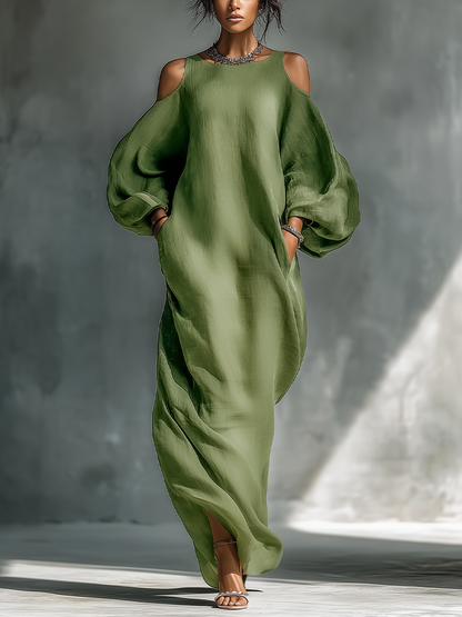 Veronica | Vestido largo verde claro para mujer con hombros descubiertos, mangas abullonadas oversize y bolsillos laterales