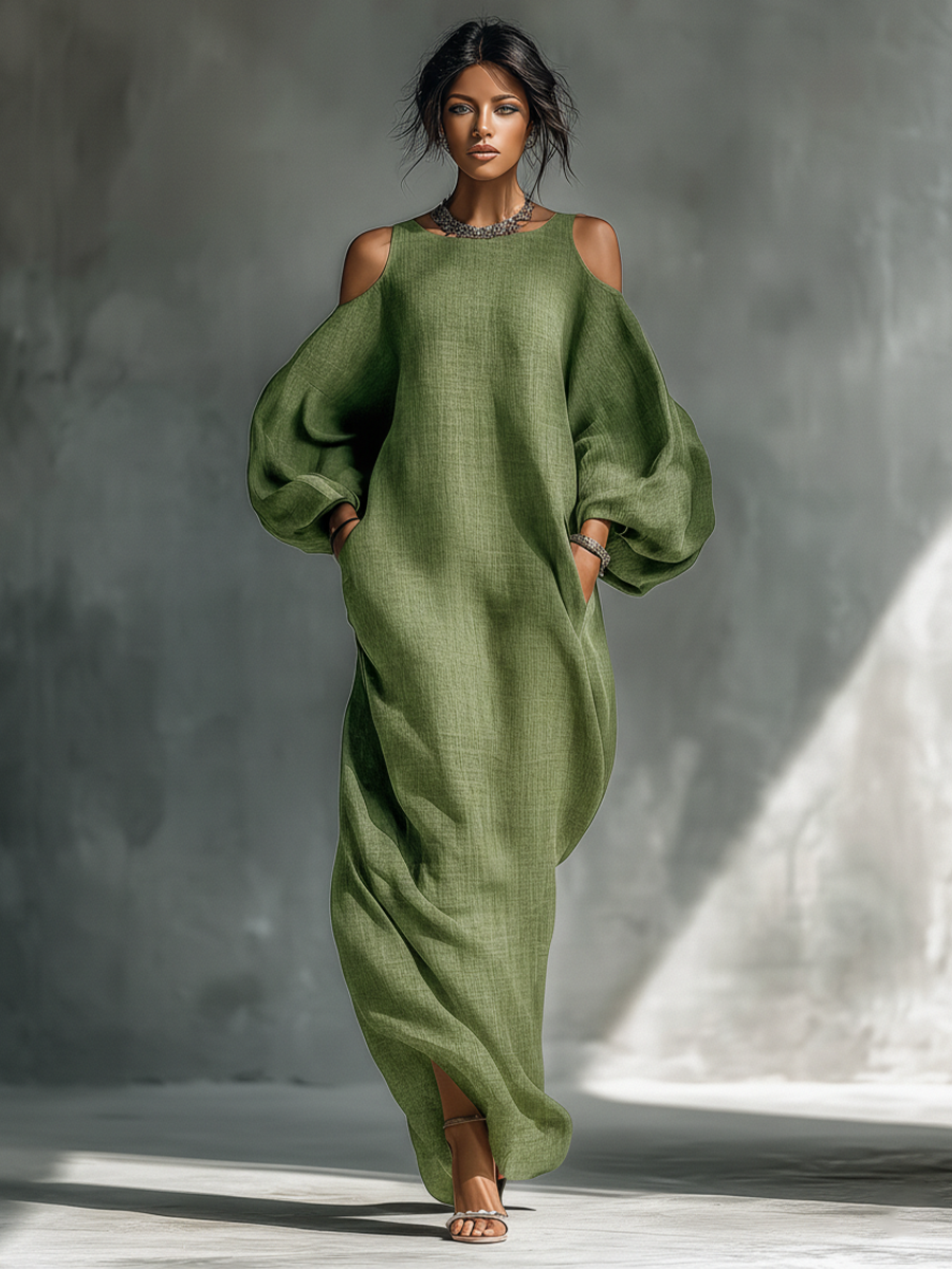 Veronica | Vestido largo verde claro para mujer con hombros descubiertos, mangas abullonadas oversize y bolsillos laterales