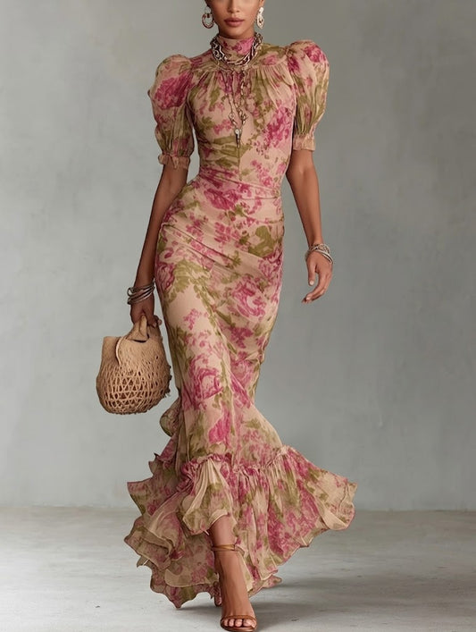 Fiora - Vestido largo con estampado vintage de rosas y mangas abullonadas