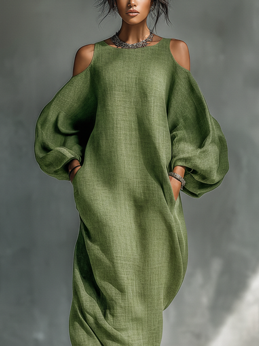Veronica | Vestido largo verde claro para mujer con hombros descubiertos, mangas abullonadas oversize y bolsillos laterales