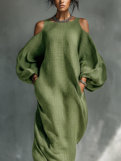 Veronica | Vestido largo verde claro para mujer con hombros descubiertos, mangas abullonadas oversize y bolsillos laterales