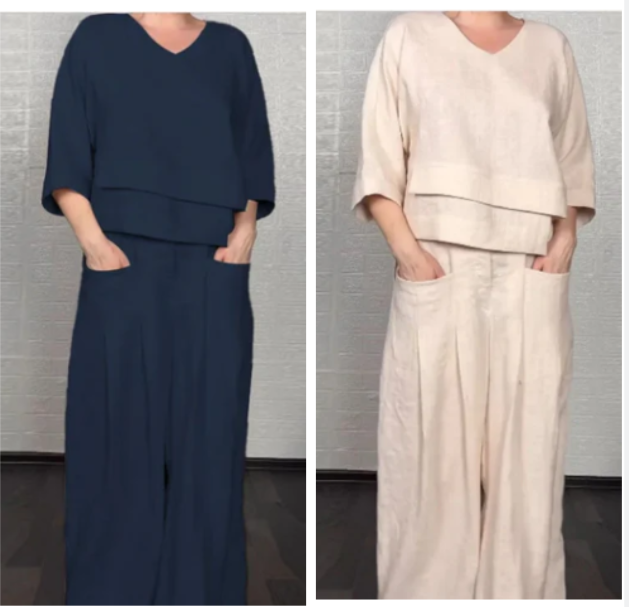 💎 Conjunto de dos piezas con bajo irregular – top con escote en V + pantalón de pierna ancha, transpirable y con estilo sin esfuerzo 🍂👚