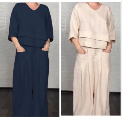 💎 Conjunto de dos piezas con bajo irregular – top con escote en V + pantalón de pierna ancha, transpirable y con estilo sin esfuerzo 🍂👚