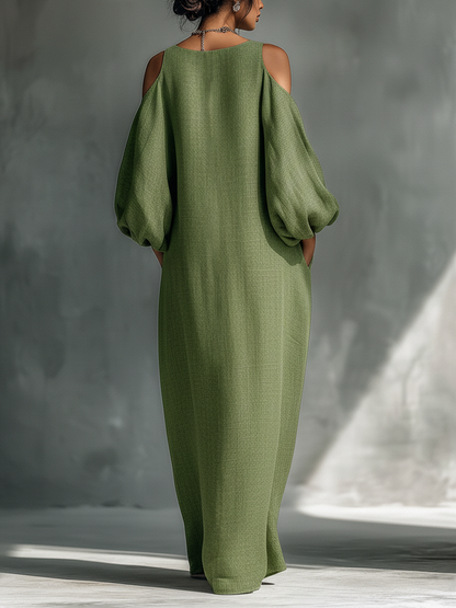 Veronica | Vestido largo verde claro para mujer con hombros descubiertos, mangas abullonadas oversize y bolsillos laterales