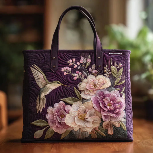 Bolso Acolchado Artesanal Violeta con Colibríes y Orquídeas