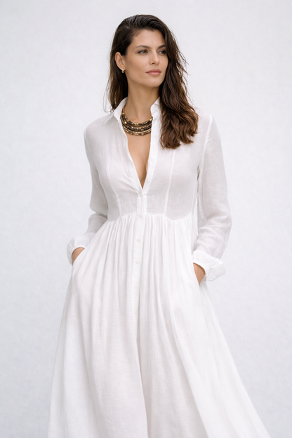 Alba Montiel™ | Vestido minimalista de algodón y lino con patchwork, cuello alto y mangas largas