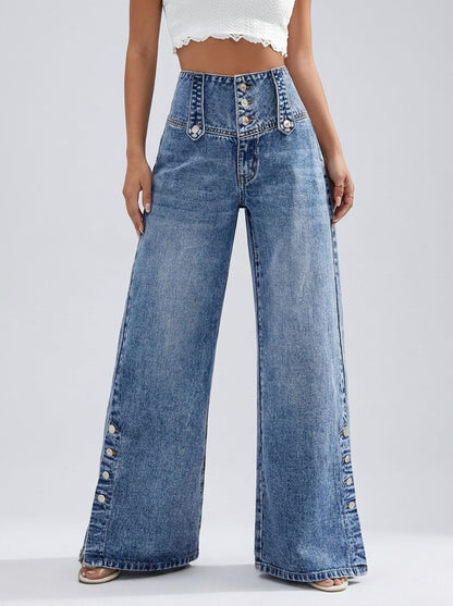 Jeans de mujer de cintura alta – pierna ancha con botonadura y abertura en el bajo