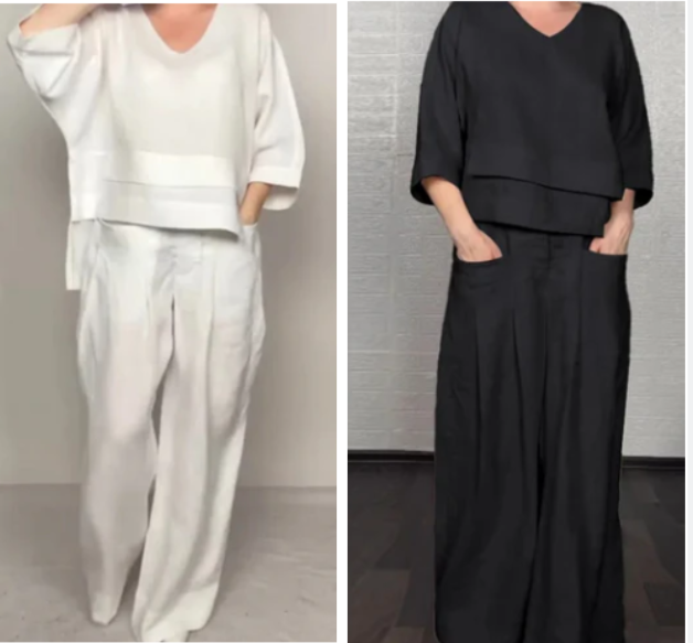 💎 Conjunto de dos piezas con bajo irregular – top con escote en V + pantalón de pierna ancha, transpirable y con estilo sin esfuerzo 🍂👚