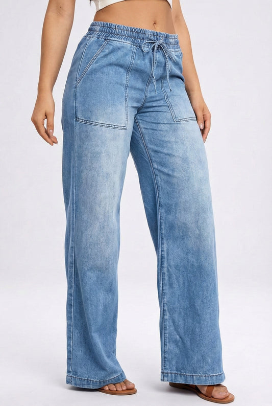 Vaqueros de mujer con cintura de cordón y corte ancho
