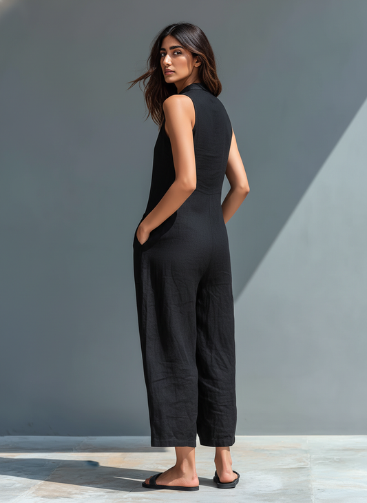 Mono minimalista sin mangas™ para mujer, con cuello alto y botones
