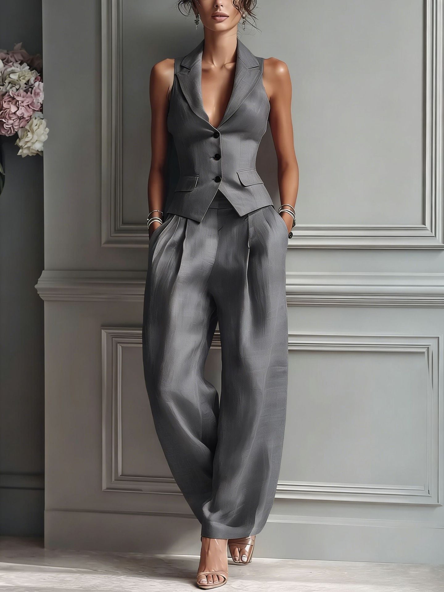Sofía - Conjunto de dos piezas para mujer con escote en V y botones