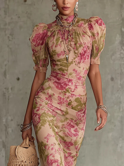 Fiora - Vestido largo con estampado vintage de rosas y mangas abullonadas