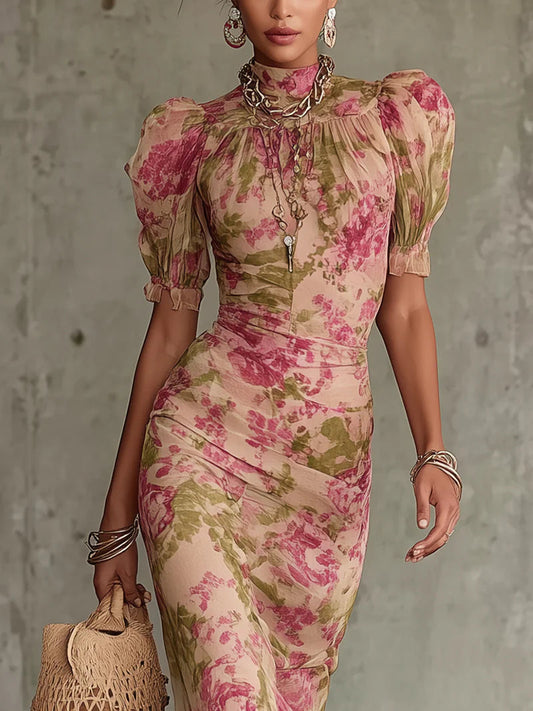 Fiora ∙ Vestido largo con estampado vintage de rosas y mangas abullonadas