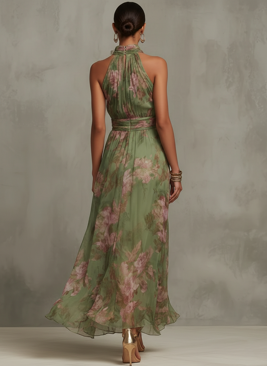 Serena | Vestido largo verde floral en chiffon con escote halter
