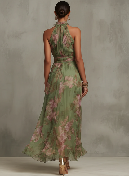 Serena | Vestido largo verde floral en chiffon con escote halter