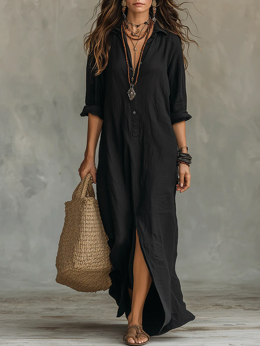 Soline™ | Vestido largo oversize negro con botones