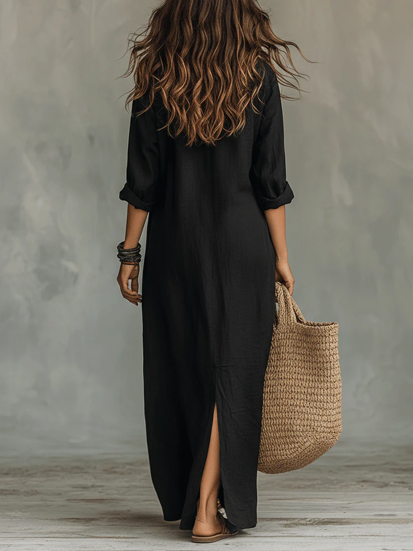 Soline™ | Vestido largo oversize negro con botones