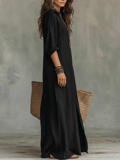 Soline™ | Vestido largo oversize negro con botones
