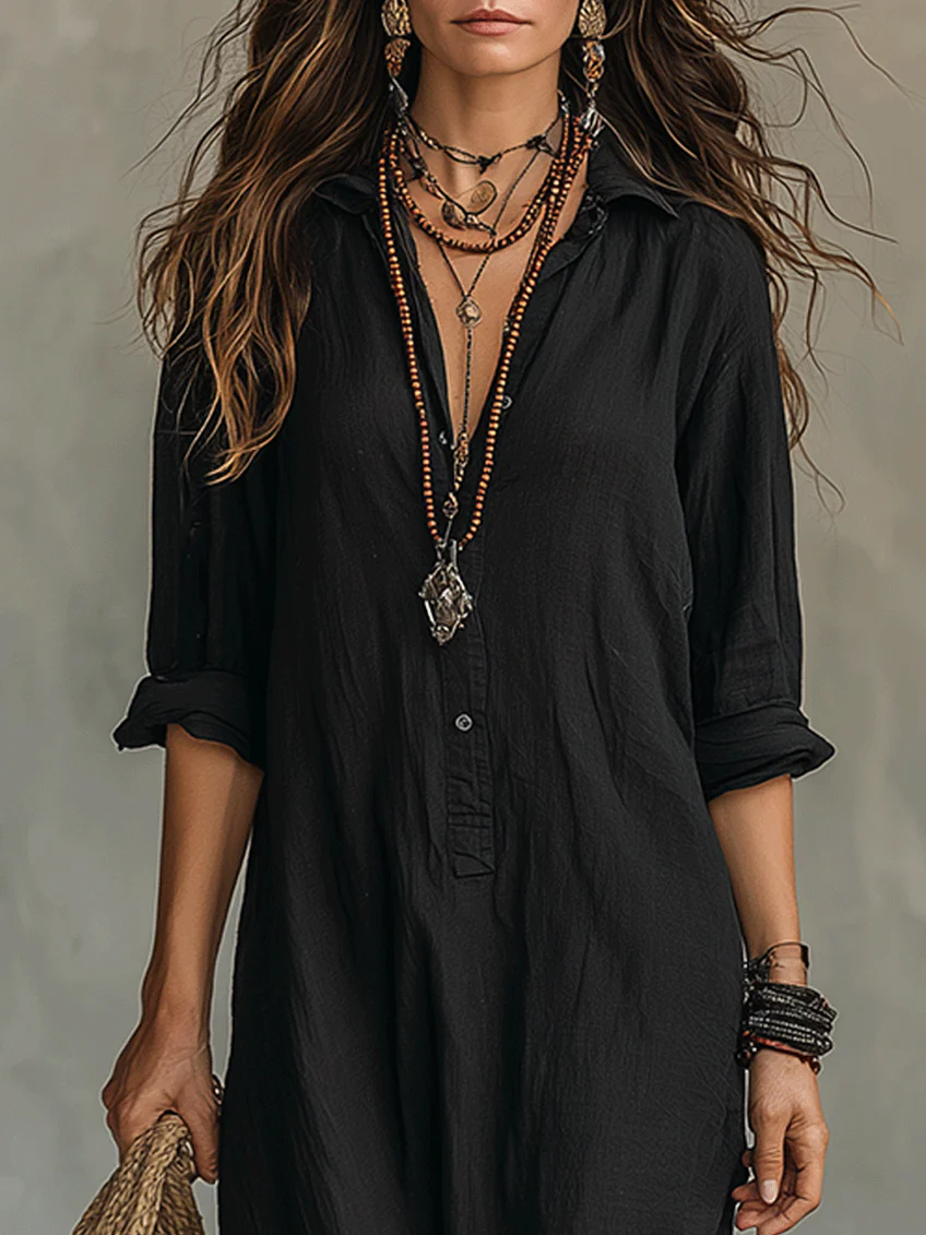 Soline™ | Vestido largo oversize negro con botones
