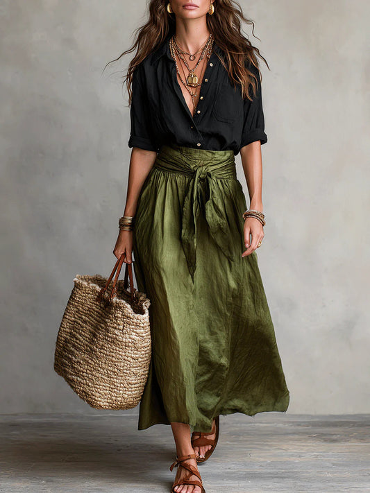 Vera™ | Conjunto de dos piezas: top negro y falda midi verde oliva