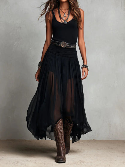María | Vestido maxi con top sin mangas negro y falda de tul (con cinturón)
