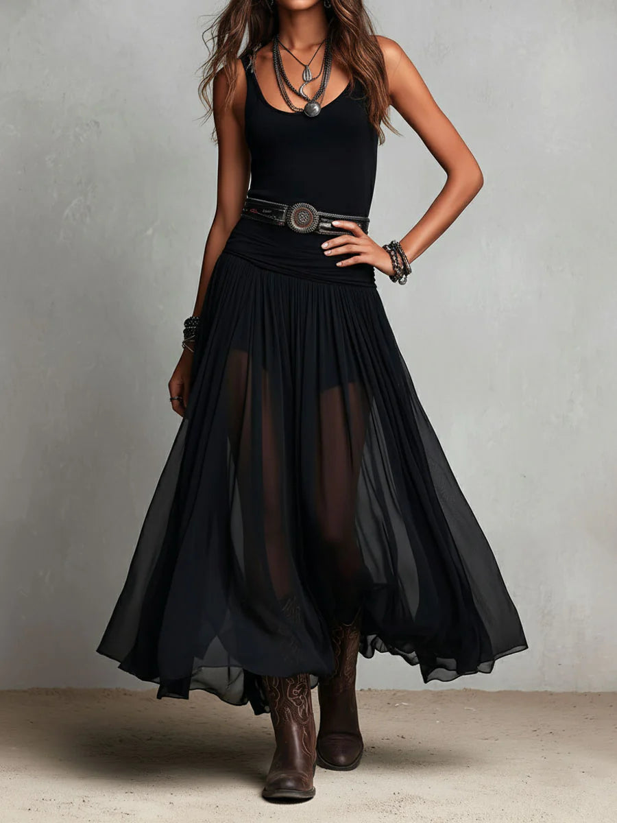 María | Vestido maxi con top sin mangas negro y falda de tul (con cinturón)