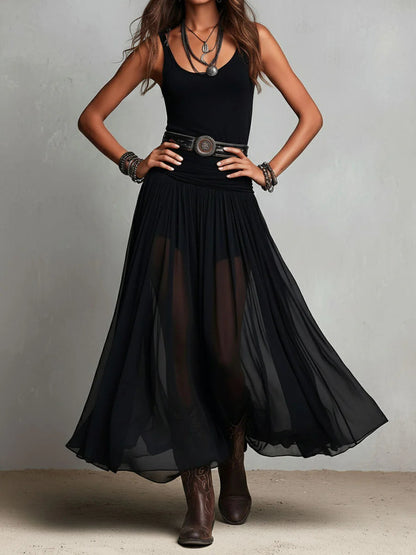 María | Vestido maxi con top sin mangas negro y falda de tul (con cinturón)