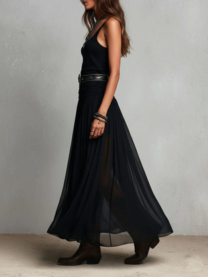 María | Vestido maxi con top sin mangas negro y falda de tul (con cinturón)
