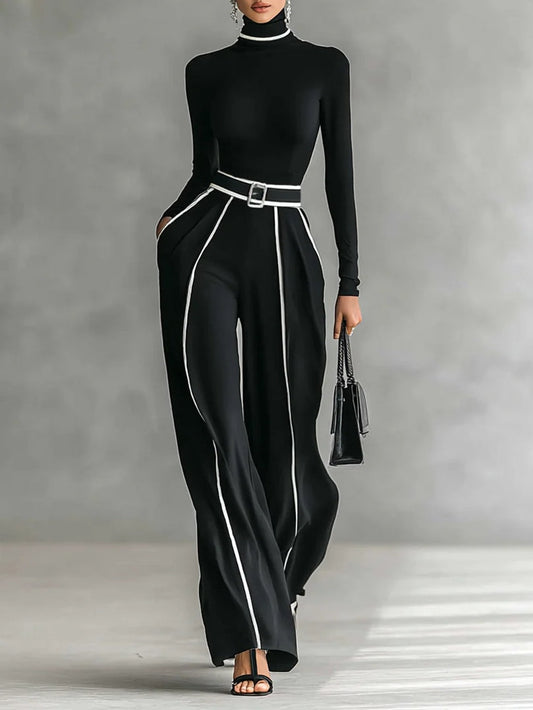 Solana ™ - Conjunto de jersey de cuello alto de manga larga y pantalones anchos con cinturón