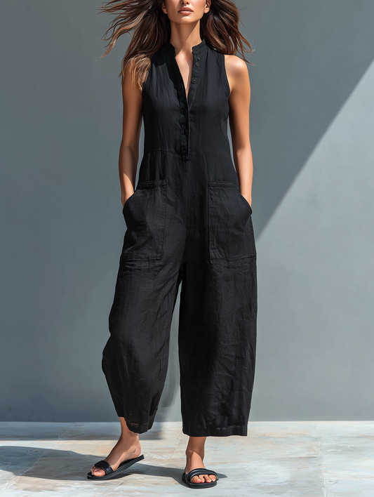 Mono minimalista sin mangas™ para mujer, con cuello alto y botones