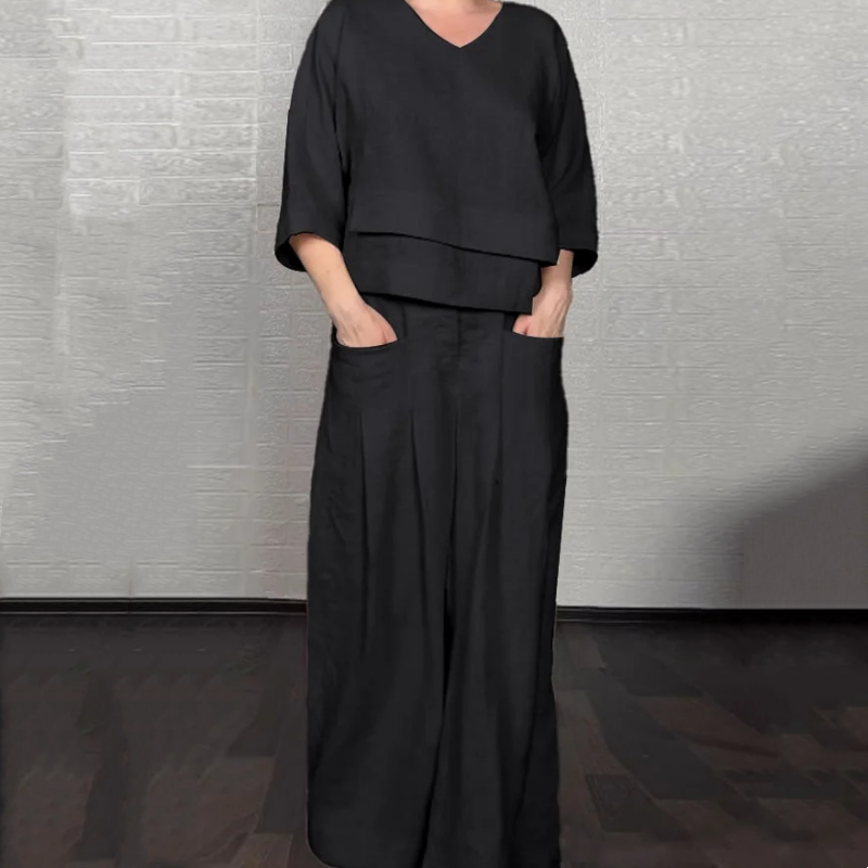 💎 Conjunto de dos piezas con bajo irregular – top con escote en V + pantalón de pierna ancha, transpirable y con estilo sin esfuerzo 🍂👚