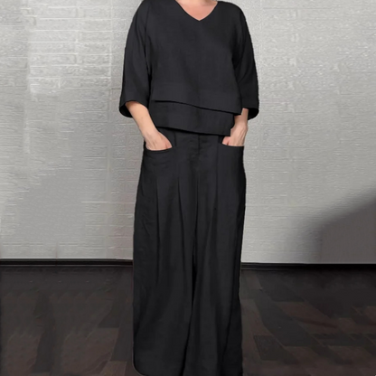 💎 Conjunto de dos piezas con bajo irregular – top con escote en V + pantalón de pierna ancha, transpirable y con estilo sin esfuerzo 🍂👚
