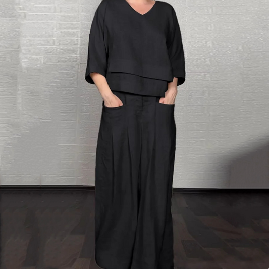 💎 Conjunto de dos piezas con bajo irregular – top con escote en V + pantalón de pierna ancha, transpirable y con estilo sin esfuerzo 🍂👚