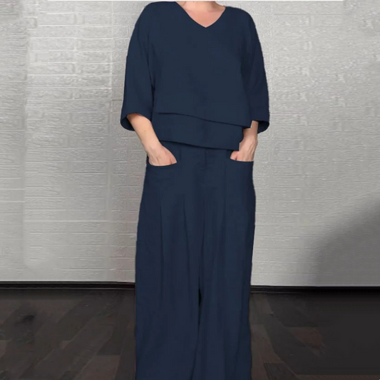 💎 Conjunto de dos piezas con bajo irregular – top con escote en V + pantalón de pierna ancha, transpirable y con estilo sin esfuerzo 🍂👚