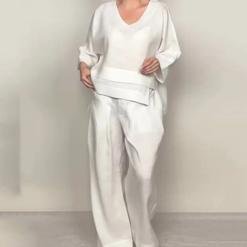 💎 Conjunto de dos piezas con bajo irregular – top con escote en V + pantalón de pierna ancha, transpirable y con estilo sin esfuerzo 🍂👚