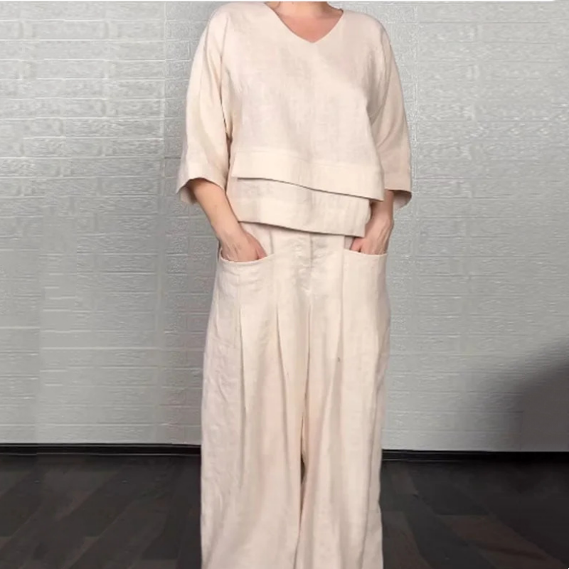 💎 Conjunto de dos piezas con bajo irregular – top con escote en V + pantalón de pierna ancha, transpirable y con estilo sin esfuerzo 🍂👚