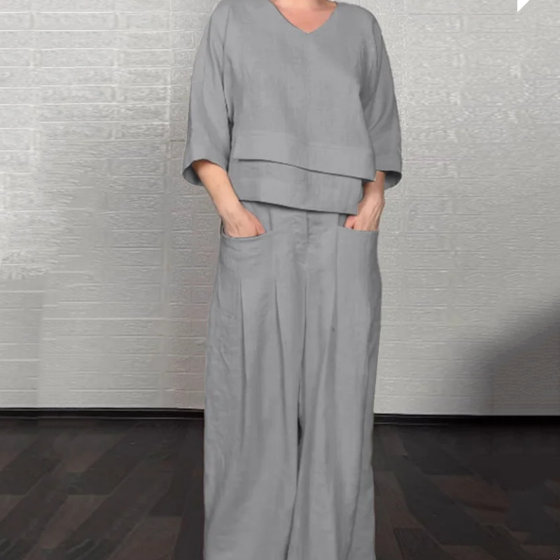 💎 Conjunto de dos piezas con bajo irregular – top con escote en V + pantalón de pierna ancha, transpirable y con estilo sin esfuerzo 🍂👚