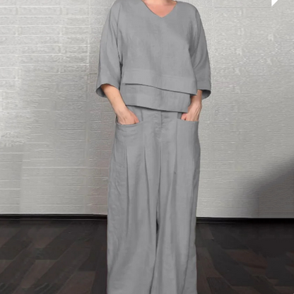 💎 Conjunto de dos piezas con bajo irregular – top con escote en V + pantalón de pierna ancha, transpirable y con estilo sin esfuerzo 🍂👚
