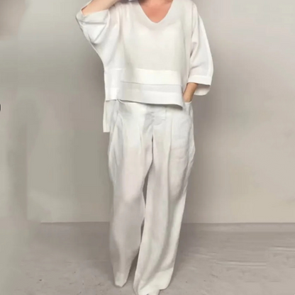 💎 Conjunto de dos piezas con bajo irregular – top con escote en V + pantalón de pierna ancha, transpirable y con estilo sin esfuerzo 🍂👚