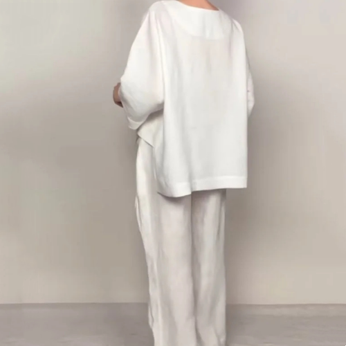 💎 Conjunto de dos piezas con bajo irregular – top con escote en V + pantalón de pierna ancha, transpirable y con estilo sin esfuerzo 🍂👚